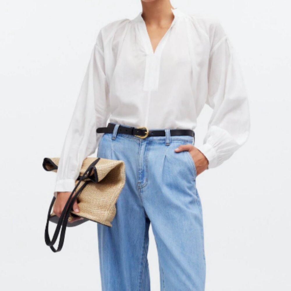 Madewell Flowy Boxy Cotton Shirred VNeck Long Sleeve Top/Blouse Eyelet White NWT